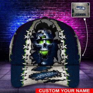 Custom Name NFL Seattle Seahawks Skull Classic Baseball Cap 1