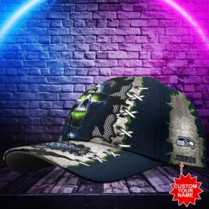 Custom Name NFL Seattle Seahawks Skull Classic Baseball Cap 2