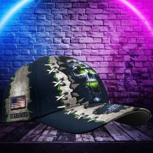 Custom Name NFL Seattle Seahawks Skull Classic Baseball Cap 3