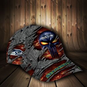 Custom Name NFL Seattle Seahawks The Punisher Skull All Over Print 3D Classic Cap 2