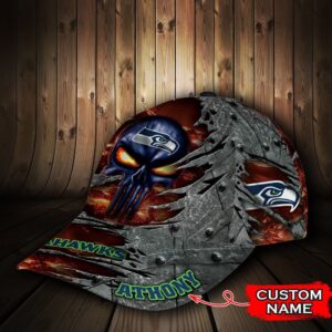 Custom Name NFL Seattle Seahawks The Punisher Skull All Over Print 3D Classic Cap 3