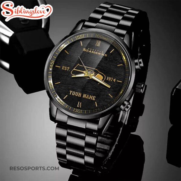 Custom Name  Seattle Seahawks NFL Black Stainless Steel Watch For Fans