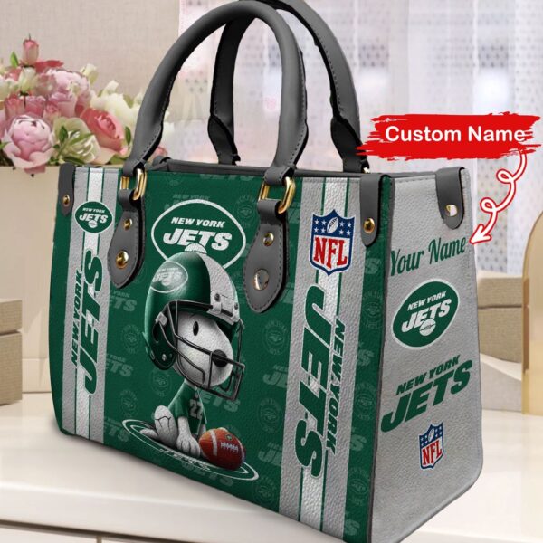 Personalized Name NFL New York Jets Snoopy Leather Hand Bag