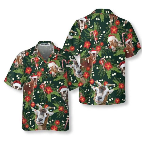 Christmas Goat With Poinsettia Flower Hawaiian Shirt