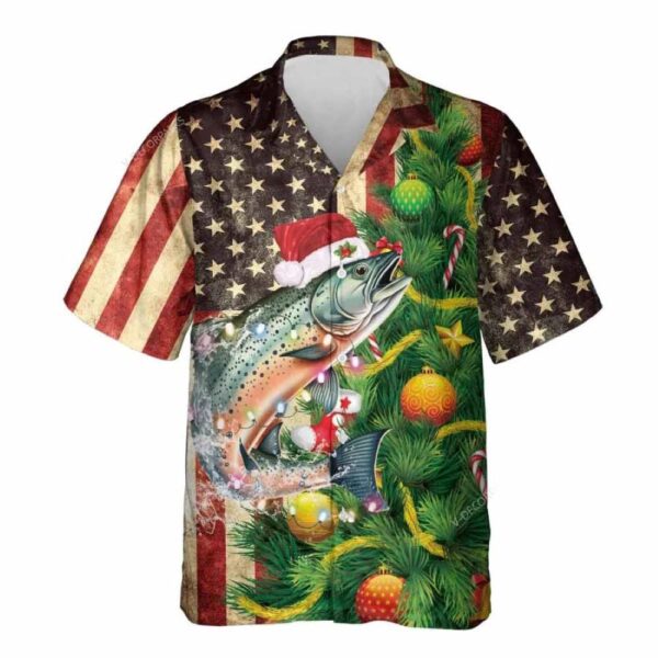 Christmas Salmon Us Flag Casual Button Down Hawaiian Shirt