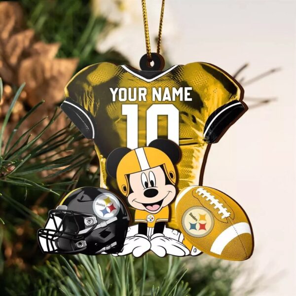 Custom Name NFL Pittsburgh Steelers Football Mickey Mouse Christmas Ornament