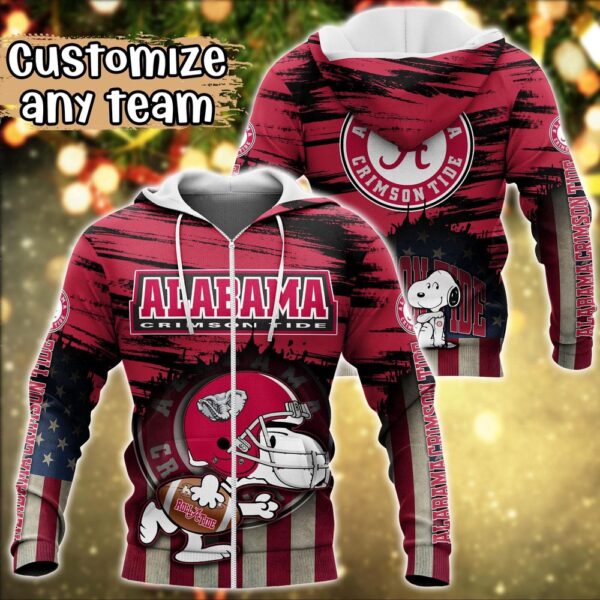 Customized NCAA Alabama Crimson Tide Hoodie 3D Snoopy Sports For Fans