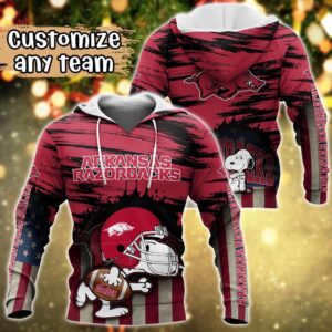 Customized NCAA Arkansas Razorbacks Hoodie 3D Snoopy Plays Sports For Fans