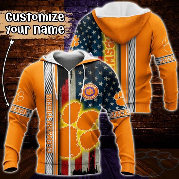 Customized NCAA Clemson Tigers Hoodie 3D US Flag Sleek Style For Fans