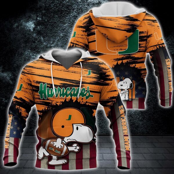 Customized NCAA Miami Hurricanes Hoodie 3D Snoopy Pattern For Fans