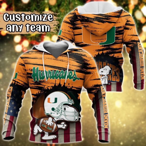 Customized NCAA Miami Hurricanes Hoodie 3D Snoopy Sports For Fans