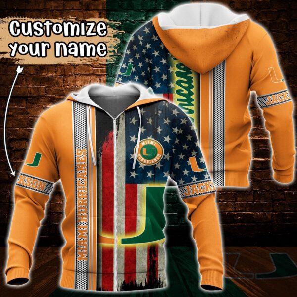 Customized NCAA Miami Hurricanes Hoodie 3D US Flag Sleek Style For Fans