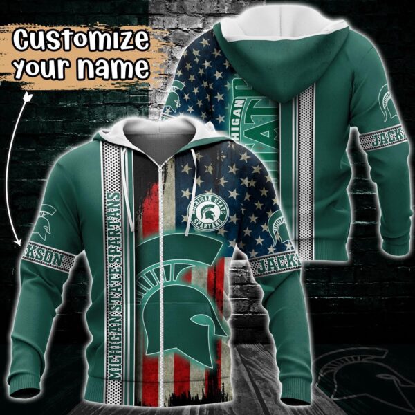 Customized NCAA Michigan State Spartans Hoodie 3D US Flag Sleek Style For Fans