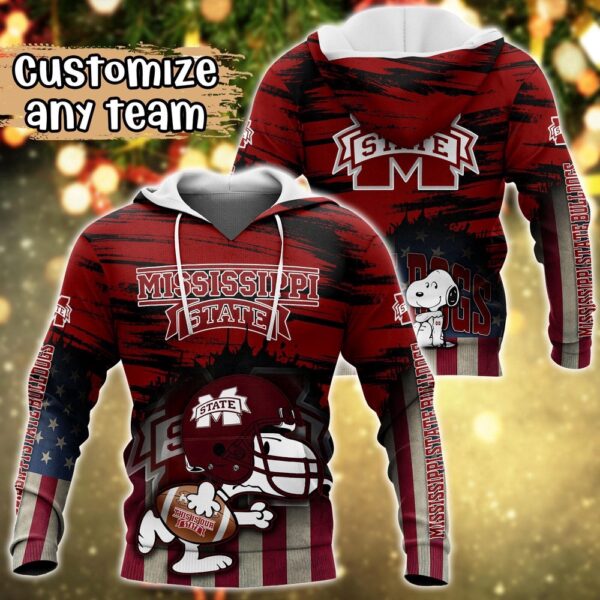 Customized NCAA Mississippi State Bulldogs Hoodie 3D Snoopy Sports For Fans