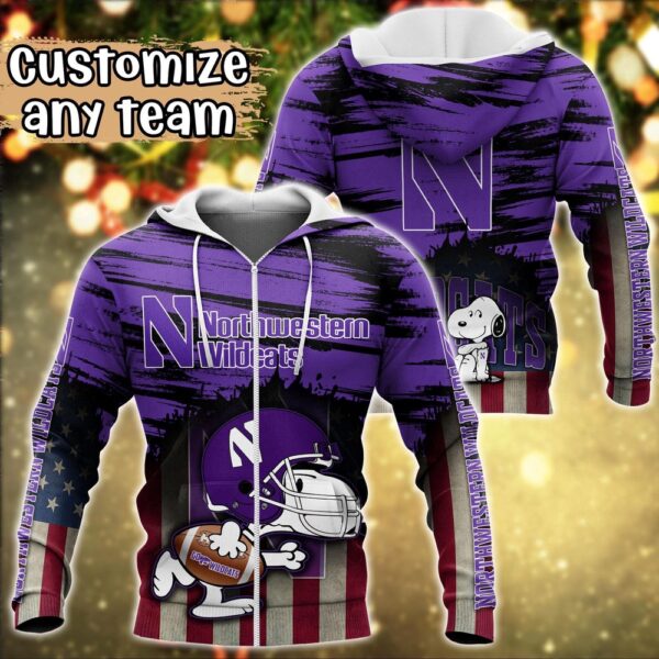 Customized NCAA Northwestern Wildcats Hoodie 3D Snoopy Sports For Fans