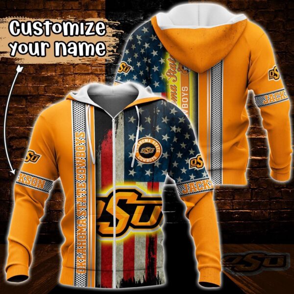 Customized NCAA Oklahoma State Cowboys Hoodie 3D US Flag Sleek Style For Fans