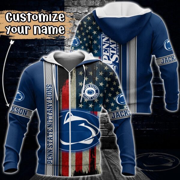 Customized NCAA Penn State Nittany Lions Hoodie 3D US Flag Sleek Style For Fans