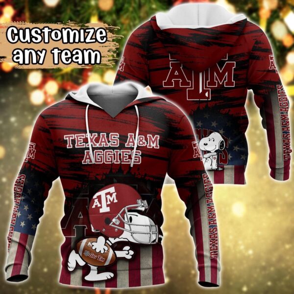 Customized NCAA Texas A&ampM Aggies Hoodie 3D Snoopy Plays Sports For Fans