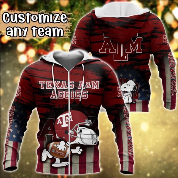 Customized NCAA Texas A&ampM Aggies Hoodie 3D Snoopy Plays Sports For Fans