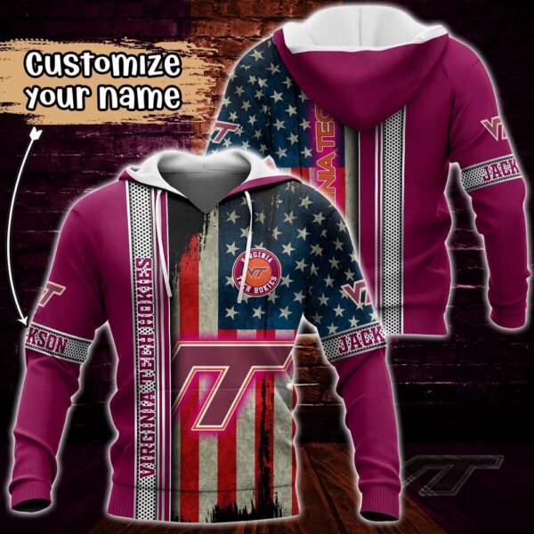 Customized NCAA Virginia Tech Hokies Hoodie 3D US Flag Sleek Style For Fans