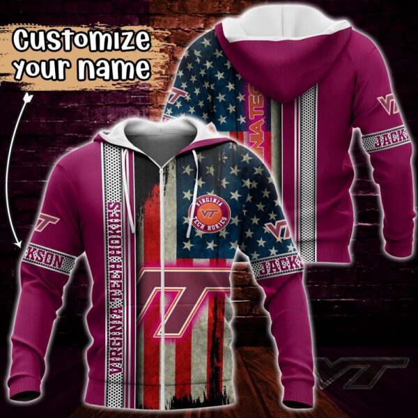 Customized NCAA Virginia Tech Hokies Hoodie 3D US Flag Sleek Style For Fans