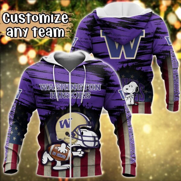 Customized NCAA Washington Huskies Hoodie 3D Snoopy Sports For Fans