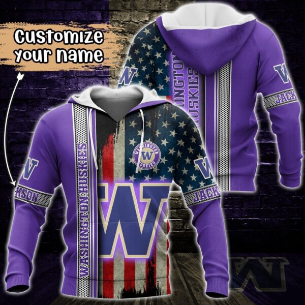 Customized NCAA Washington Huskies Hoodie 3D US Flag Sleek Style For Fans