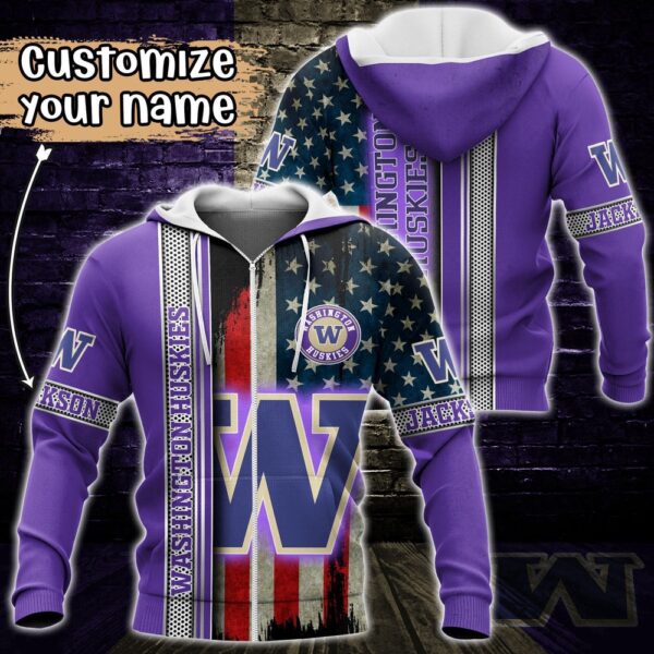 Customized NCAA Washington Huskies Hoodie 3D US Flag Sleek Style For Fans