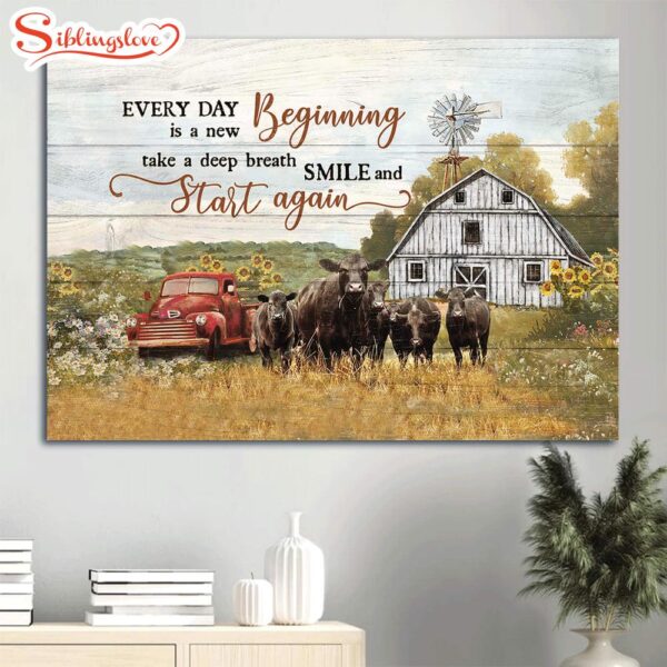 Aberdeen Angus Canvas Sunflower Car Tranquil Farm Every Day Is A New Beginning Canvas Wall Art