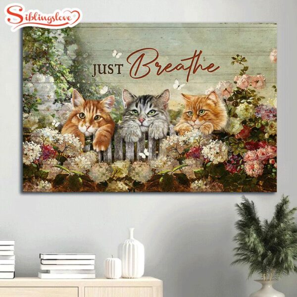 Adorable Cat Stunning Flower Garden Amazing White Butterfly Just Breathe Canvas Wall Art