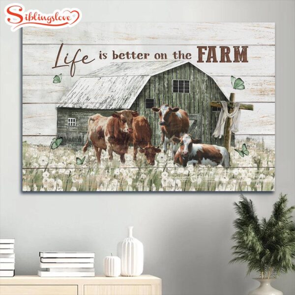 Amazing Cow Drawing Dandelion Field Old Barn Life Is Better On The Farm Canvas Wall Art