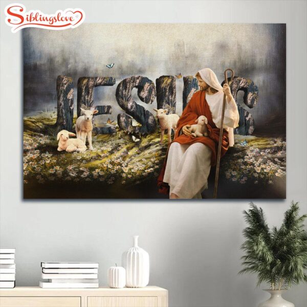 Amazing Daisy Field White Lamb Jesus Drawing Canvas Wall Art