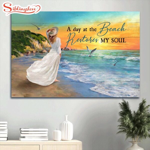 Amazing Girl Pretty Sunset Blue Beach A Day At The Beach Restores My Soul Canvas Wall Art