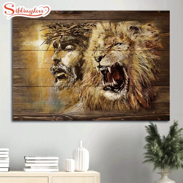 Angry Lion Stunning Jesus Face Yellow Background Canvas Wall Art