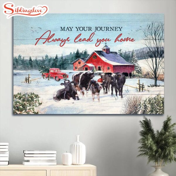 Angus Aberdeen Winter Farm Red Barn May Your Journey Always Lead You Home Canvas Wall Art