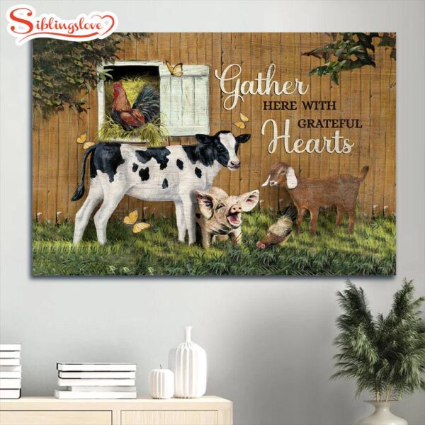 Animal Painting Dairy Cow Butterfly Gather Here With Grateful Hearts Canvas Wall Art