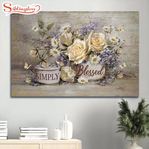 Antique Artwork Vintage Flower Yellow Butterfly Simply Blessed Canvas Wall Art