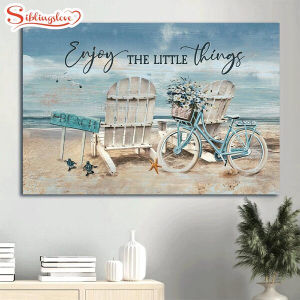 Antique Chair Blue Bicycle Beautiful Ocean Enjoy The Little Things Canvas Wall Art