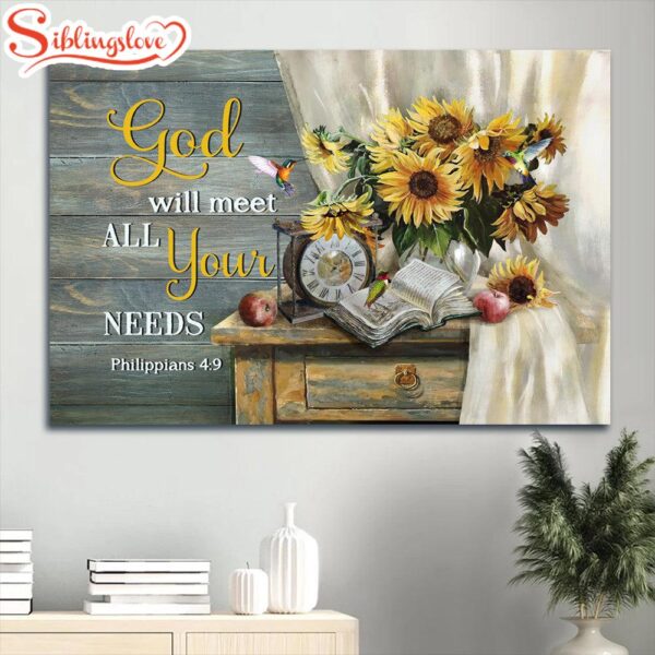 Antique Clock Sunflower Vase Old Bible God Will Meet All Your Needs Canvas Wall Art