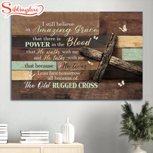 Antique Cross Wooden Background Butterfly I Still Believe In Amazing Grace Canvas Wall Art