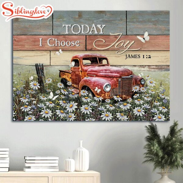 Antique Ladybug Car Daisy Field White Butterfly Today I Choose Joy Canvas Wall Art