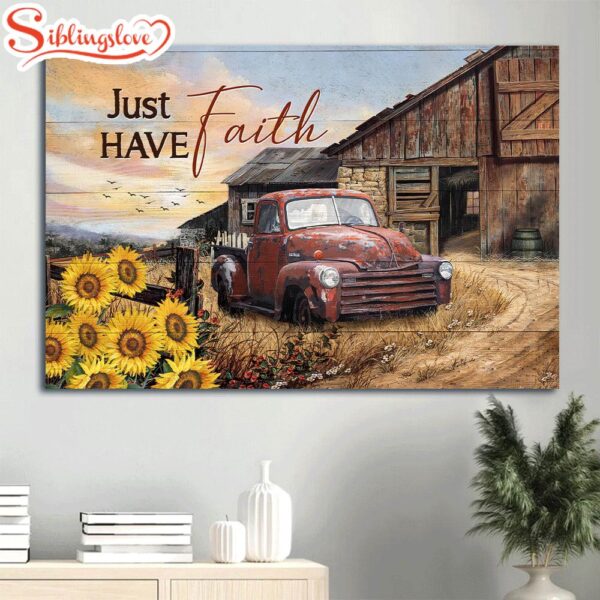 Antique Ladybug Car Old Farm Sunflower Garden Just Have Faith Canvas Wall Art