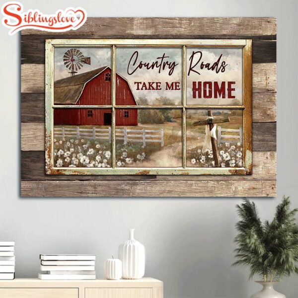 Antique Window White Poppy Red House Country Roads Take Me Home Canvas Wall Art