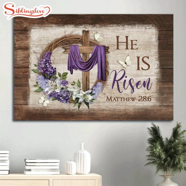 Awesome Cross White Butterfly Floral Wreath Purple Silk Canvas He Is Risen Canvas Wall Art