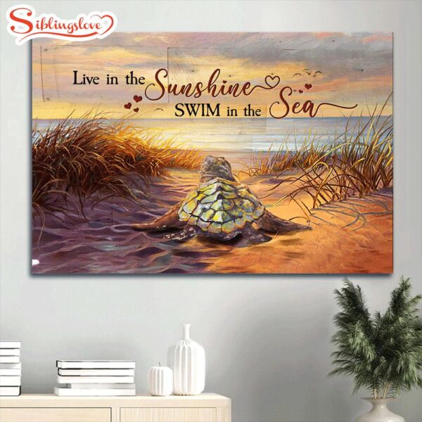 Baby Turtle Beach Grass Blue Ocean Sunrise Sky Live In The Sunshine Canvas Wall Art