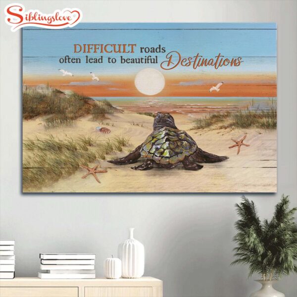 Baby Turtle Sunrise Ocean Sand Beach Canvas Beautiful Destinations Canvas Wall Art