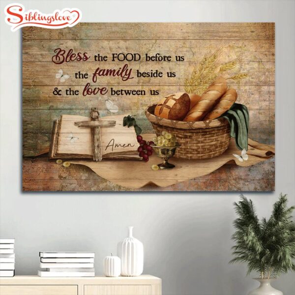 Baguette Painting Grapes Drawing Religious Text Book Bless The Food Canvas Wall Art