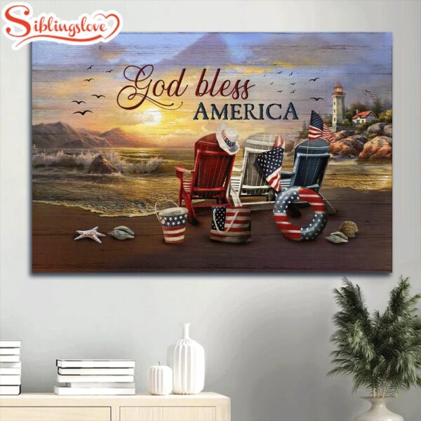 Beach Chair American Flag Today Sunrise Seagull Painting Canvas God Bless America Canvas Wall Art