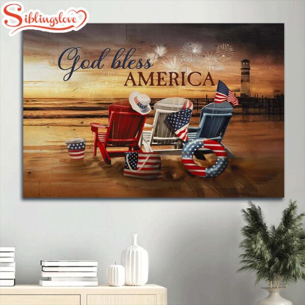 Beach Chairs American Flag Firework Sunset Beach Painting Canvas God Bless America Canvas Wall Art