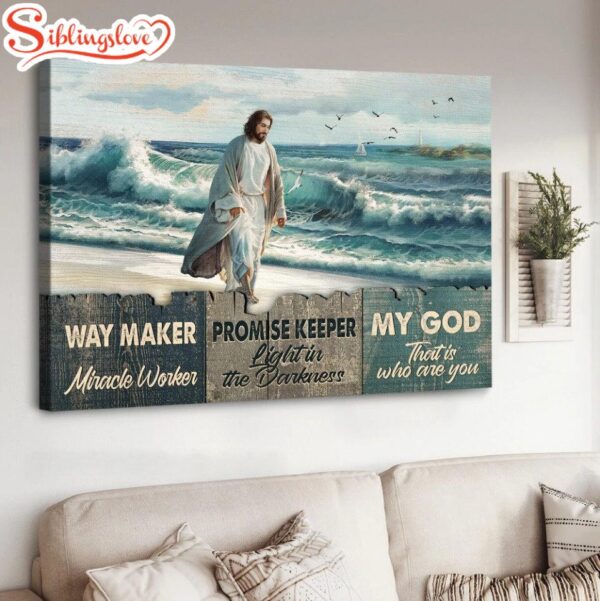 Beach Painting Walking With Jesus Way Maker Miracle Worker Canvas Wall Art